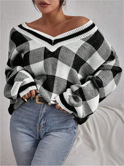 Women Clothing Autumn Winter V neck Sweater Casual Plaid Long Sleeve Sweater Sweater for Women