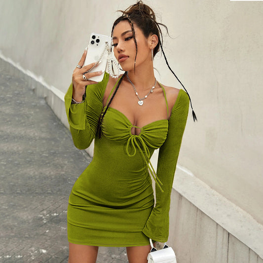 Women Online Red Hollow Out Cutout out Strap Split Backless Long Sleeve Hip Dress