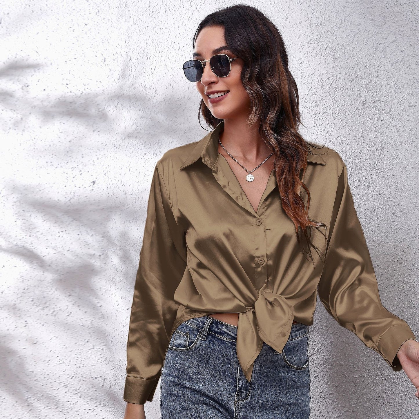 Popular Satin Shirt Women Artificial Silk Long Sleeve Shirt Autumn Women Clothing