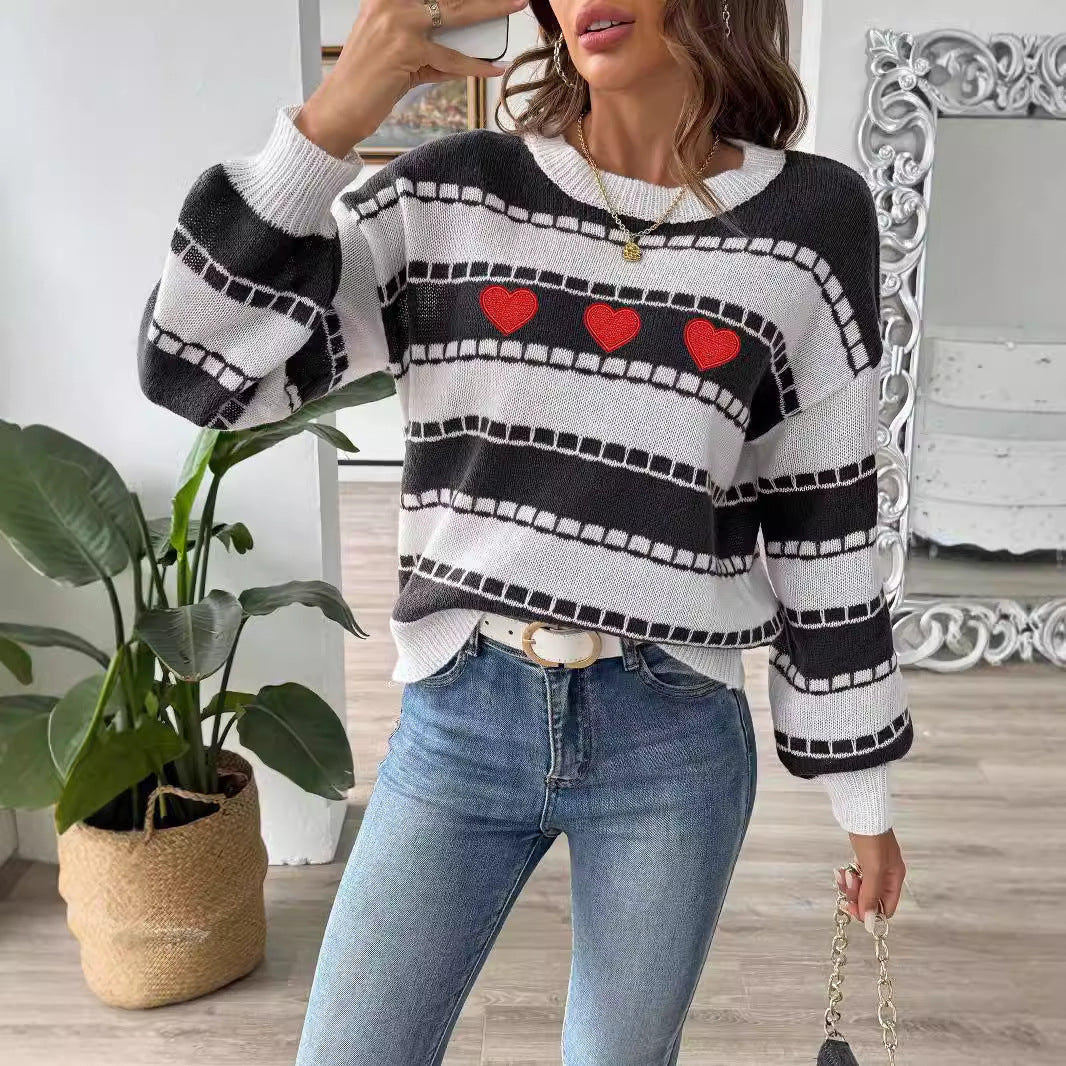 Women Sweater Bottoming Shirt Color Contrast Patchwork Striped Color Block Embroidery Love Stickers Sweater