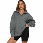 Zipper Collared Size  Independent Stand Foreign Trade Ladies Solid Color Loose Versatile Top Sweatshirt