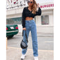 Women Clothing High Waist Black Denim Straight Leg Trousers Autumn Winter