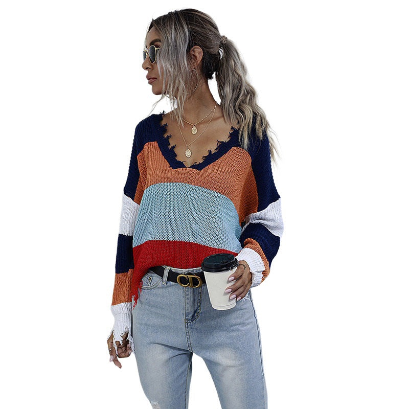 Fall Women Clothing Top V Neck Pullover Sweater Europe Striped Stitching Sweater