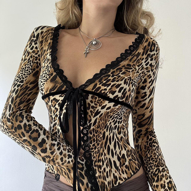 Leopard Print V Neck Lace Stitching Tied Small Cardigan T shirt Elastic Slim Fit Slimming Sexy Short Top