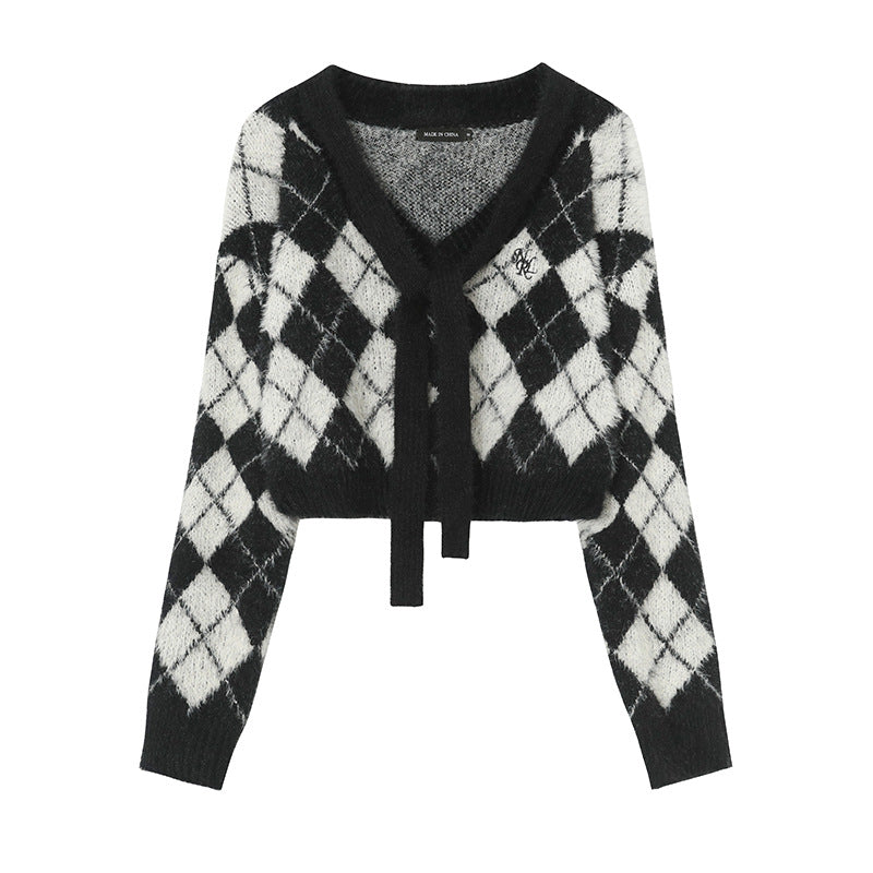 Niche Rhombus Sweater Autumn Show Umbilical V neck Sweater Girls