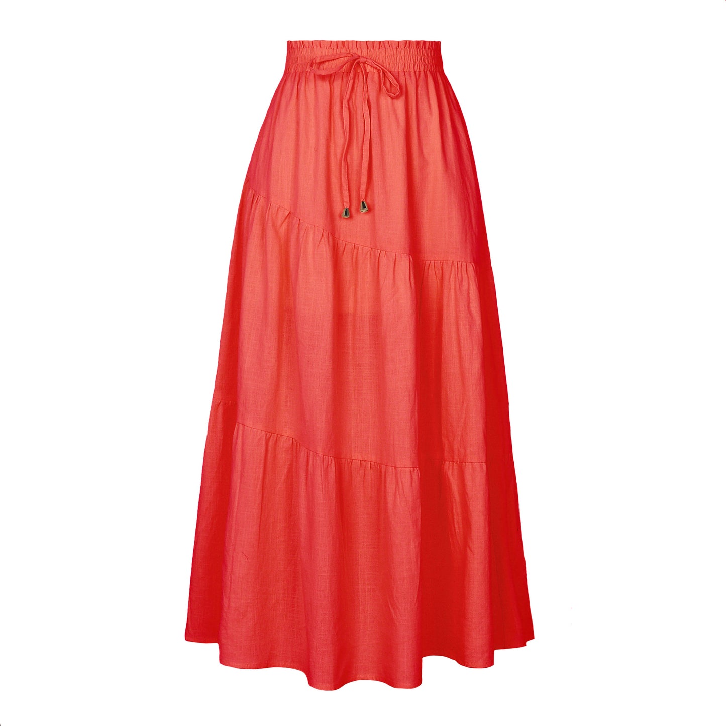 High Waist Long Skirt Stock Solid Color Cotton Linen Elastic Waist Large Swing Draped Dress Women