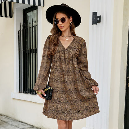 Fall Winter V- neck Printed A line Dress Leopard Print Dress