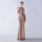 Ostrich Hair Craft Oblique Shoulder Side Slit High End Evening Dress