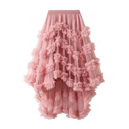 Yarn Skirt Candy Color Elastic Waist Fairy Mesh Skirt Puffy Irregular Asymmetric Ruffled Tiered Dress