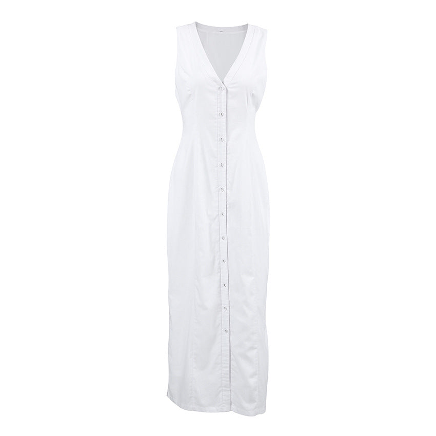 Sexy Design V-neck Cotton Linen White Split Sleeveless Dress Women Summer Simplicity Maxi Dress