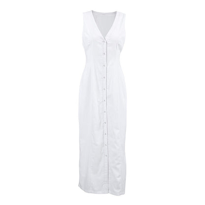 Sexy Design V-neck Cotton Linen White Split Sleeveless Dress Women Summer Simplicity Maxi Dress