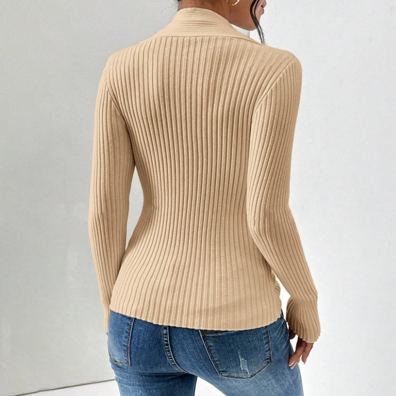 Women Clothing Knitwear Thread Slit Hemline at Hem Long Sleeve Solid Color Slim Fit Sweater Women