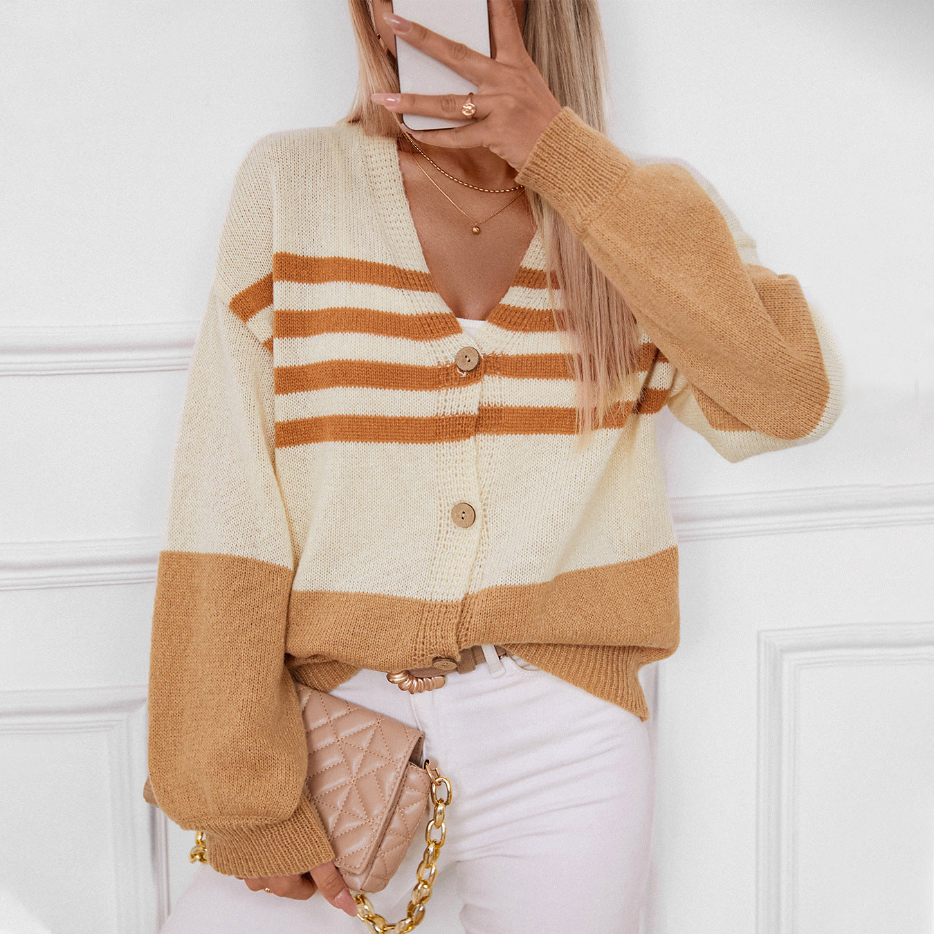 Autumn Winter Women Clothing Contrast Color Striped Button Knitted Cardigan Casual Loose Sweater Women Coat