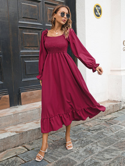 Women Clothing Autumn Winter Casual Ruffled Square Collar Large Swing Dress Maxi Dress