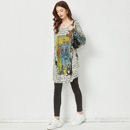 Cartoon Printed Sweater Women Loose Outer Wear Idle Top Mid-Length Bottoming Knitwear