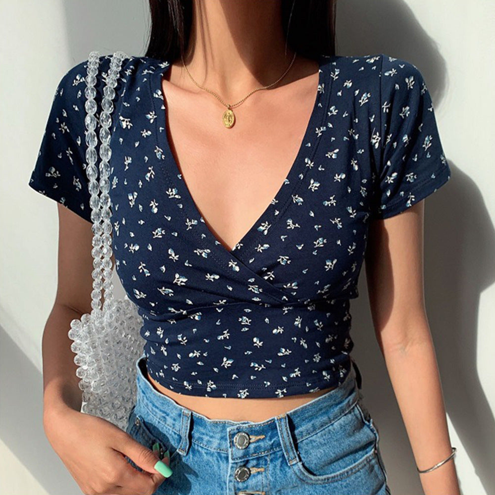 Summer Sexy Floral Bare Cropped Slim Fit Slimming V Neckline Short Sleeve T shirt Women