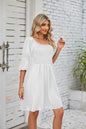 Summer Women Clothing Square Collar Puff Sleeve Pleating Backless Dress Women