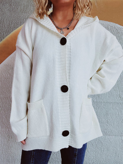 Autumn Winter V neck Knitted Cardigan Retro Pocket Hooded Sweater Women Clothing Loose Top Coat