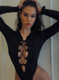 Summer Rib Knitted Bandage Patchwork Long Sleeve Lace-up Sexy Tight Bodysuit Top for Women