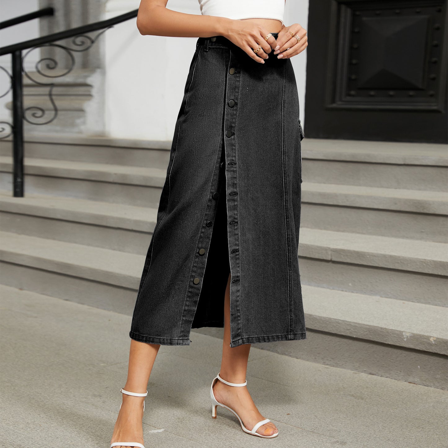 Sexy Semi Elastic Denim Cargo Pants Casual Skirt for Women