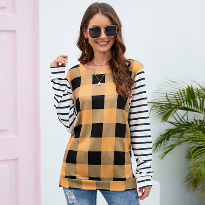 Plaid Long-Sleeved Sweater round Neck Striped Sweater Plush