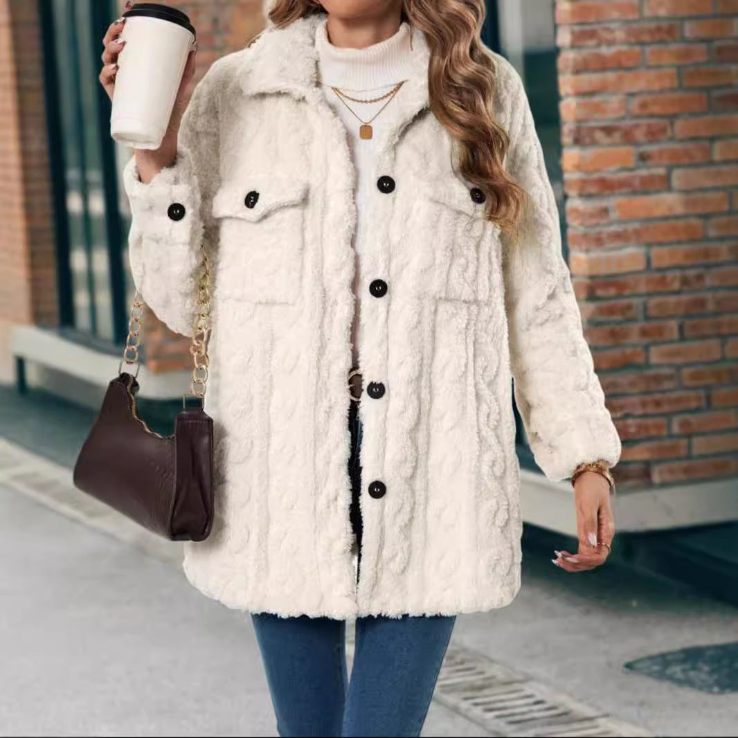 Double Sided Plush Button Cardigan Mid Length Casual Coat Women