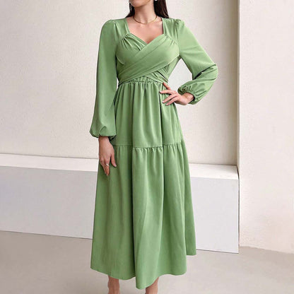 Women Clothing Elegant Youthful Looking Dress Autumn Winter Little Fresh V neck Green Midi Dress