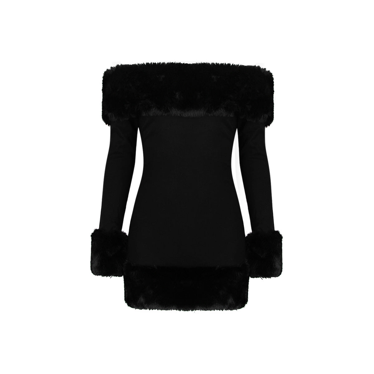 Black Plush Long Sleeve off Shoulder Dress Autumn Winter Women Fur Backless Sexy Hip