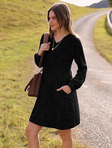 Women Clothing V Neck Pocket Sunken Stripe Brushed Long Sleeve Casual Dress