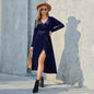 Women Clothing Autumn Winter Split Lace up Sunken Stripe Gold Velvet Midi Dress