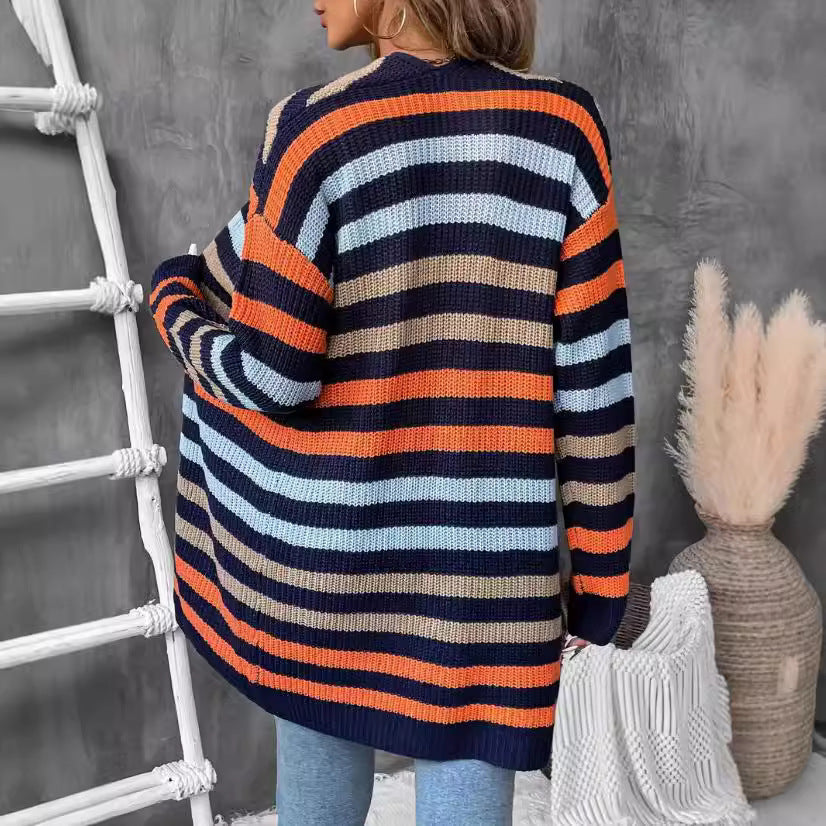 Classic Striped Knitted Coat Women Clothing V neck Long Sleeve Loose Sweater Cardigan Women