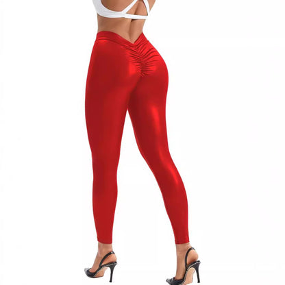 Products Bright Leather Pencil Pants Sexy Faux Leather Stretch Tight V Waist Trousers for Women