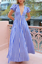 Low Cut V neck Striped Puff Sleeve Large Swing Dress