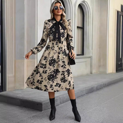 Women Spring Autumn Elegant Floral Tight Waist Dress Women Clothing