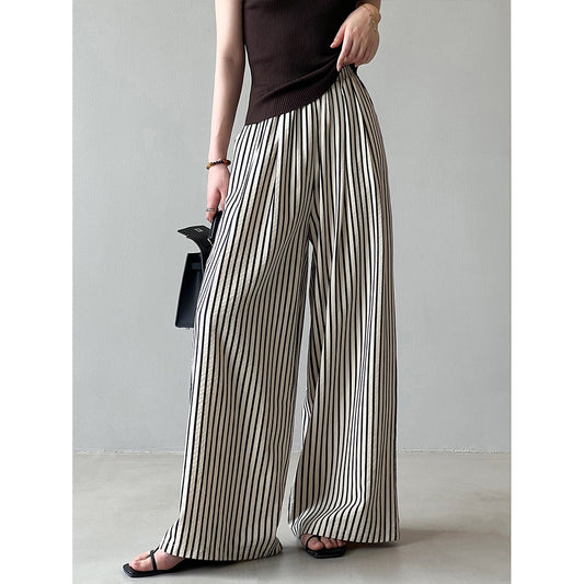 Korean Elastic Waist Striped Wide Leg Pants Women Autumn Loose Casual Straight Trousers