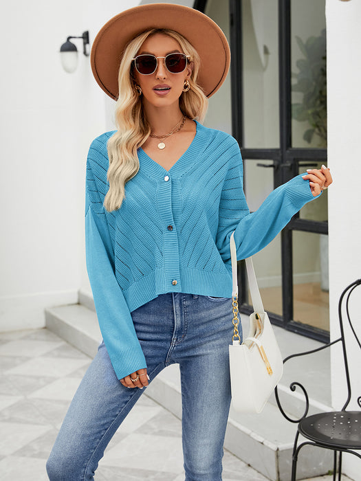 V Neck Hollow Out Cutout Knitted Cardigan Outer Wear Loose Long Sleeved Knitted Top Women Solid Color Cardigan