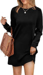 Women Clothing Burst Round Neck Back Fold Pocket Long Sleeve Sweater Dress