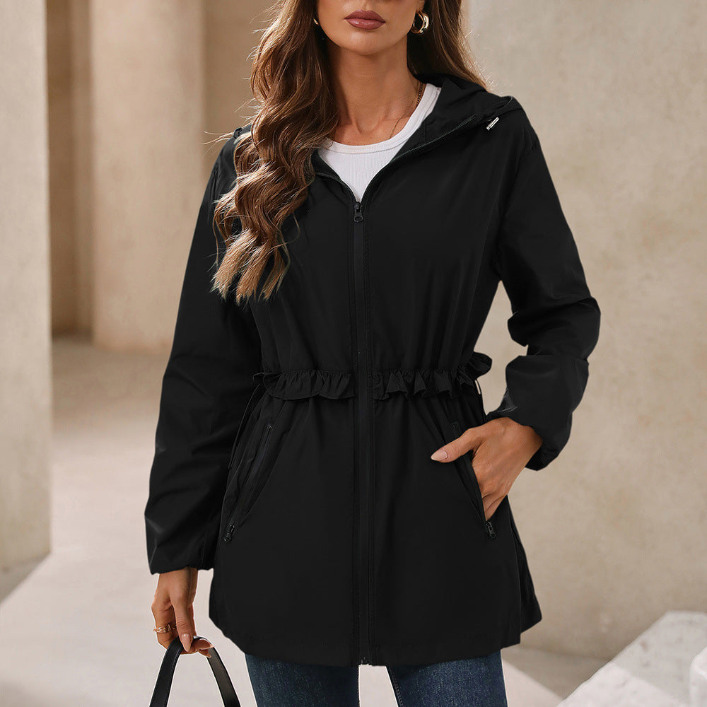 Autumn Winter Top Product Women Rainproof Waterproof Jacket Hooded Elegant Trench Coat with Pockets