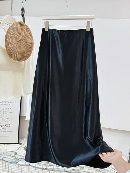 Silky Double Sided Satin Pleated Texture Skirt Fall Long A Line High Waist Sheath Floor Length Dress