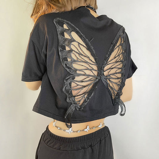 Black Lace Butterfly Exposed Cropped Short T-shirt Fashionable Loose Hollow Out Cutout Short Sleeve Top