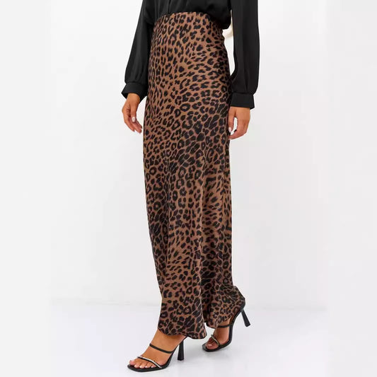 Satin Skirt Sexy Leopard Print Maxi Skirt High Waist Elastic Silky Maxi Skirt