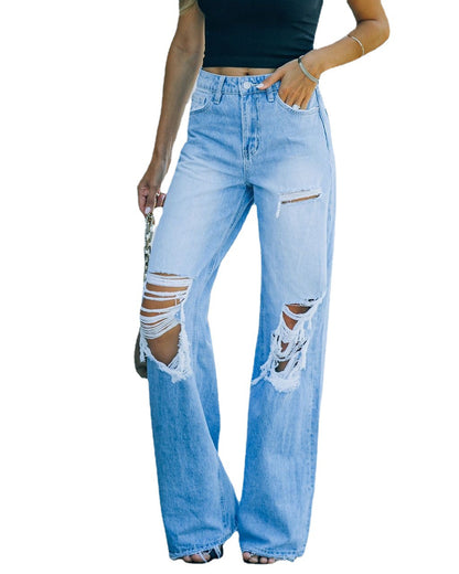 Autumn Winter Graceful Casual Slimming Holes Wide-Leg Pants Denim Trousers