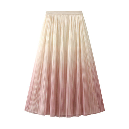 Women Elegant Graceful Gradient Color Pleated Skirt Spring Summer Light Luxury High Waist A line Skirt