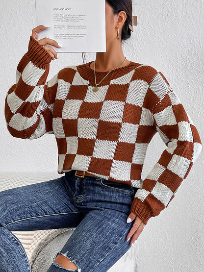 Women Clothing Long Sleeve Autumn Winter Color Matching Chessboard Plaid Loose Crew Neck Pullover Sweater Women