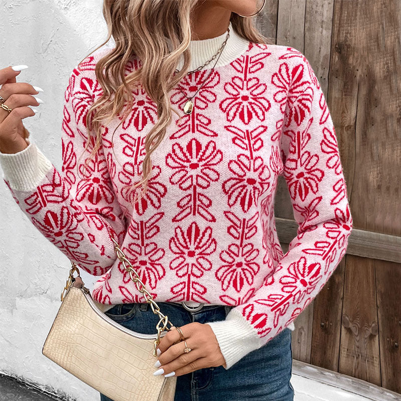 Half Turtleneck Sweater Autumn Winter Floral Jacquard Pink Sweater Women