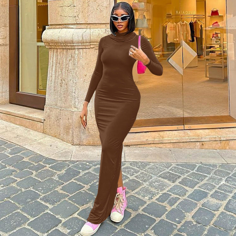 Women  Clothing Summer Slim Fit Hood Back Slit Solid Color Dress