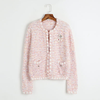 Classic Pink Knitted Coat Spring Autumn Winter Mixed Color Hidden Hook Loose Cardigan