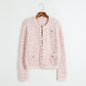 Classic Pink Knitted Coat Spring Autumn Winter Mixed Color Hidden Hook Loose Cardigan