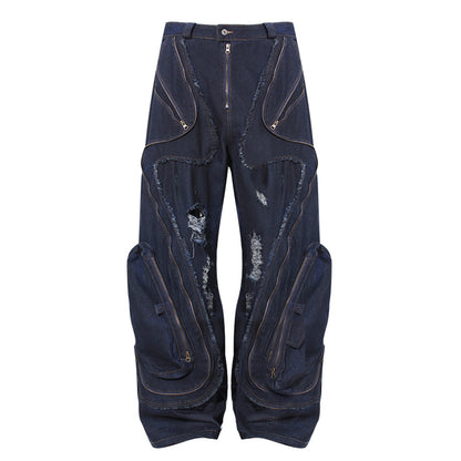 Street Design Deconstruction Pocket Heavy Industry Washed Make Old Ripped Burrs Tassels Straight Cargo Jeans