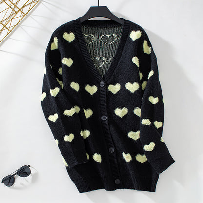 Towel Embroidery Love Knitted Cardigan Mid-Length Autumn Winter Button Sweet Sweater for Women